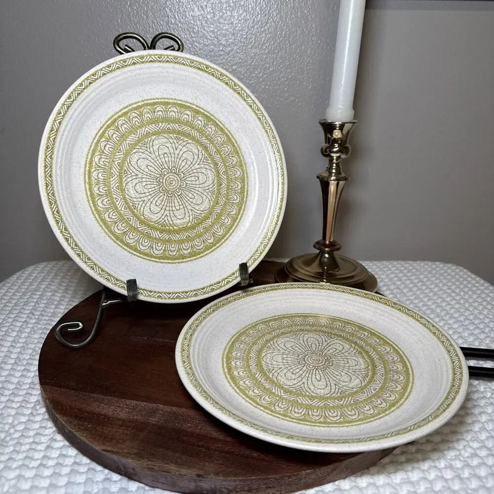 Franciscan USA 8.25” Salad Plates Set 2 Green Geometric Medallion MCM Vintage